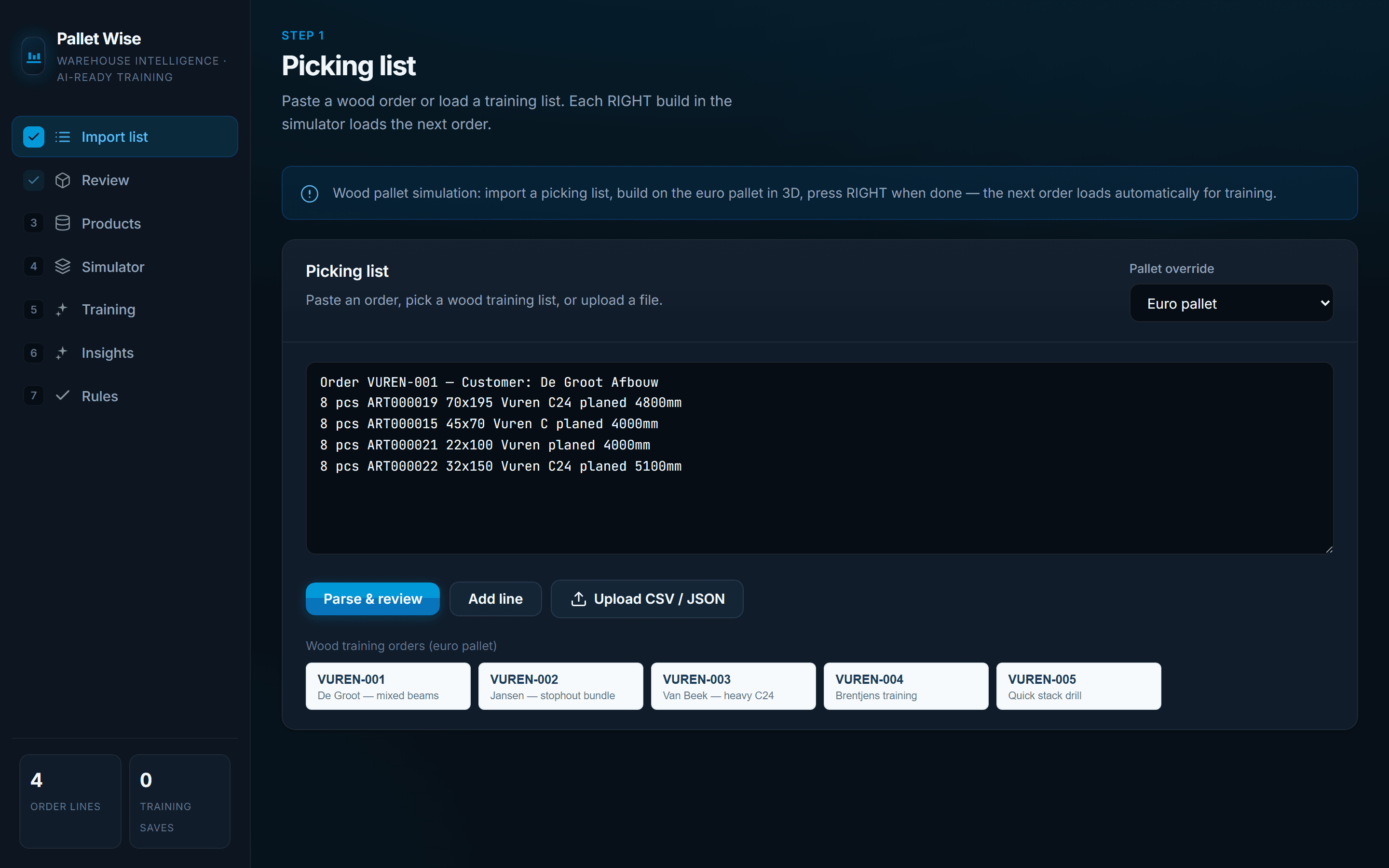 PalletWise — Picking list